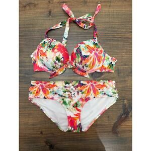 H&M Super Push-up Tropical Bikini Set Top 34A Bottoms Size 2‎
